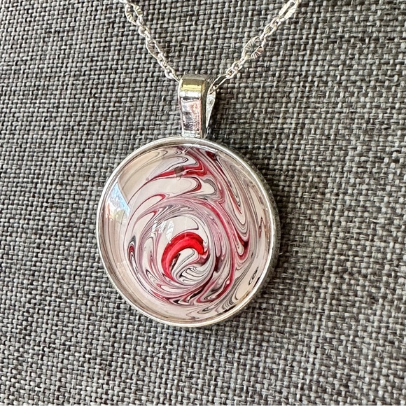 Hand painted Abstract Acrylic fluid art round bezel pendant necklace red white - Picture 6 of 8